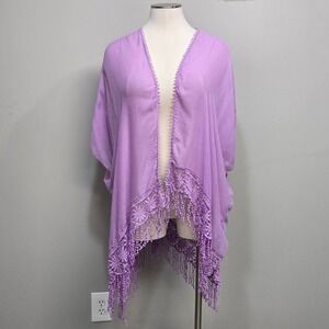 Hinge Kimono Shawl Cover Up One Size Lavender Fringe Crochet Lace Boho Festival